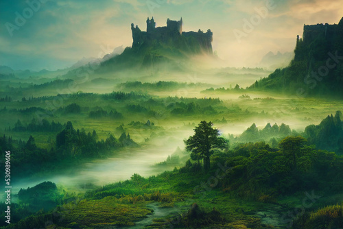 Nebelige Waldlandschaft mit Burg im Hintergrund