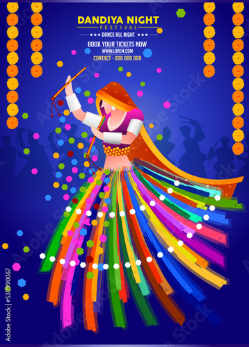 Vector design of Indian couple playing Garba in Dandiya Night Navratri Dussehra festival of India