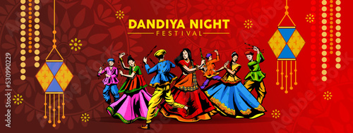 Vector design of Indian couple playing Garba in Dandiya Night Navratri Dussehra festival of India