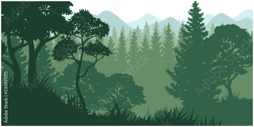 Silhouette of nature landscape. Mountains, forest in background. Blue and green illustration.