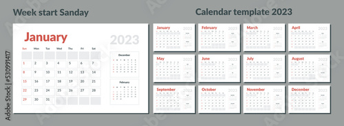 2023 Calendar Planner Template. Vector layout of a wall or desk simple calendar with week start sunday. Calendar grid in grey color for print