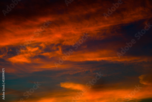 Beautiful red clouds in the dark blue sky, summer sunset