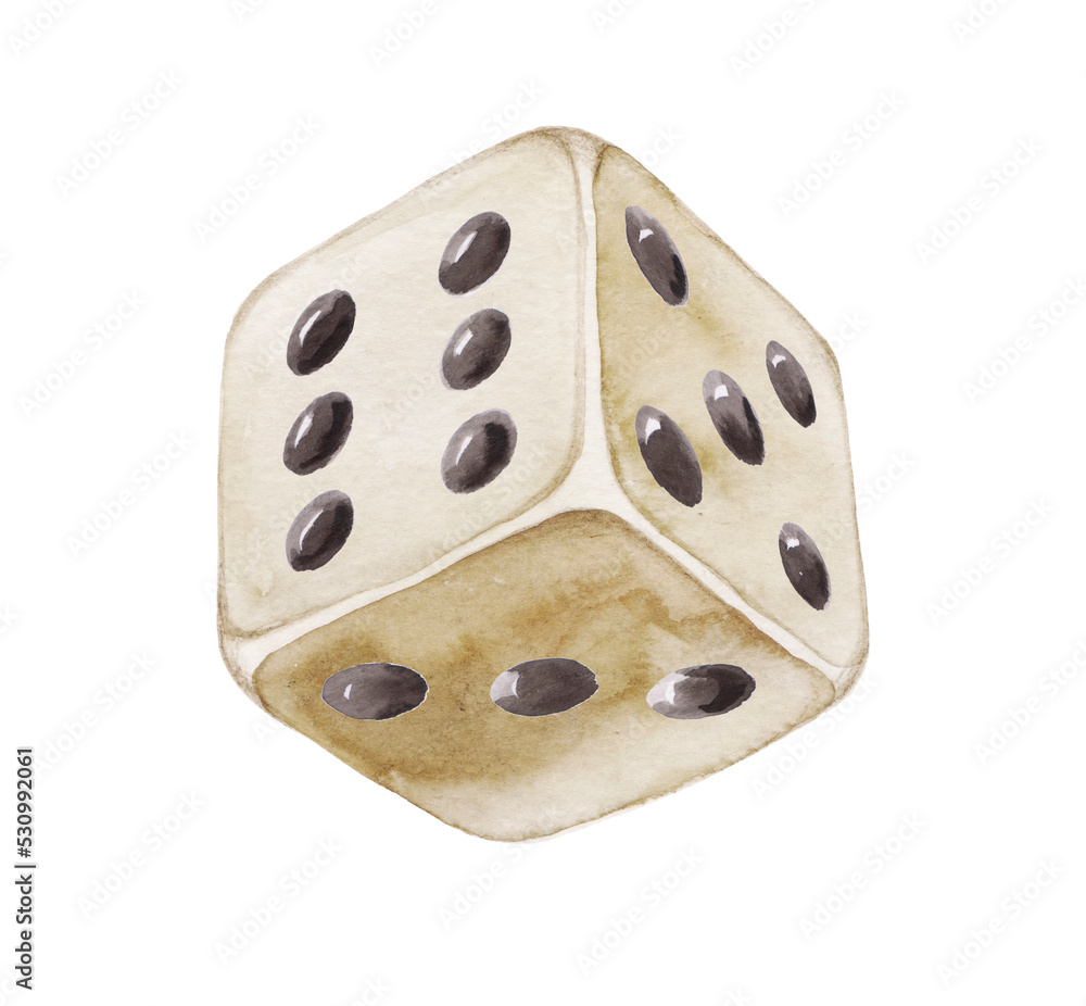 Fototapeta premium Brown dice with black spots isolated on white background. Watercolor hand drawn illustration. Design for board games, problem of choise, children leisure, progress, business strategy, casino