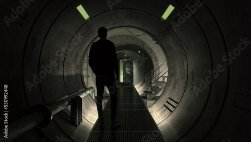 3D Illustration of a Fallout or Bomb Shelter with a 3D Rendered Male Figure in Silhouette.