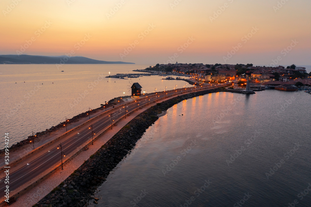Obraz premium Aerial view to old town of Nessebar at sunrise