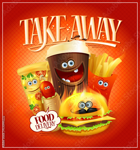 Take away food, food delivery banner or menu cover design, vector template
