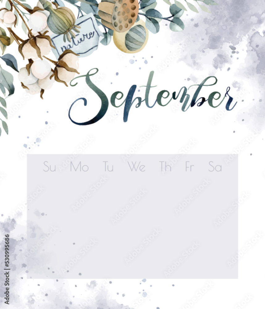 Boho flowers bouquet watercolor calendar. Lettering September on watercolor splashes
