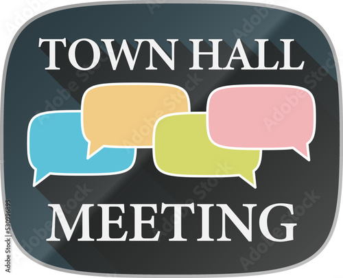 TOWN HALL MEETING label or symbol with colorful speech bubbles symbolizing communication and dialog, vector illustration