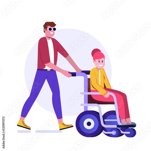 Cartoon Man Pushing Disabled Woman on Wheelchair