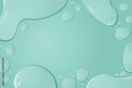 Cosmetic moisturizing liquid drops on green blue pastel background. Toner or lotion. Hyaluronic serum. Vector illustration