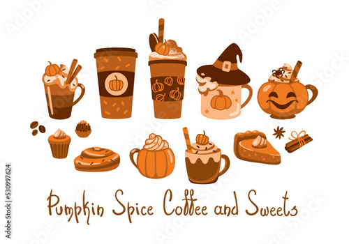 Various types of coffee with spices and sweets. Autumn mood. Set of illustrations. Vector.