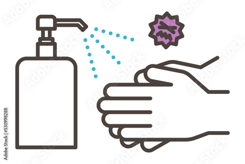 Vector illustration icon of sanitizing alcohol being sprayed on hands to prevent viral infection