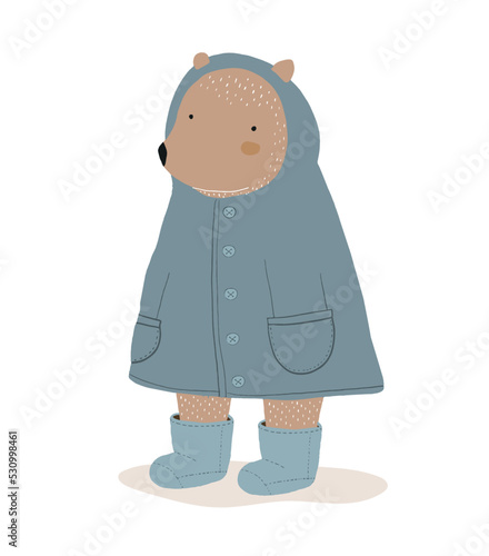 Teddy Bear in a Coat. Brown Bear on a White Background. Simple Hand Drawn Vector Illustrtion with Cute Bear ideal for Card, Poster, Wall Art. Winter Animal. Kids' Room Printable Decoration.