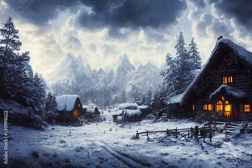 Wunderschöne Winterlandschaft mit Schnee, Bergen und beleuchteten Häusern, generative ai technology
