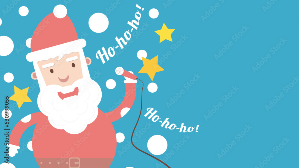 Fototapeta premium Cheerful Santa Claus singing into a microphone on a blue background. Vector illustration.