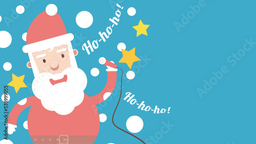 Cheerful Santa Claus singing into a microphone on a blue background. Vector illustration.