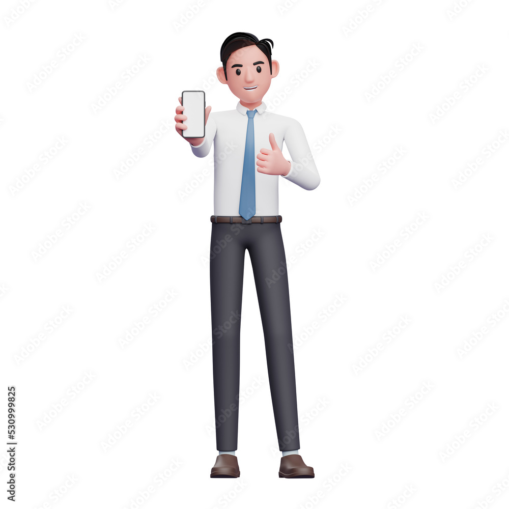 Businessman in white shirt give thumbs up and showing phone screen, 3d illustration of businessman using phone