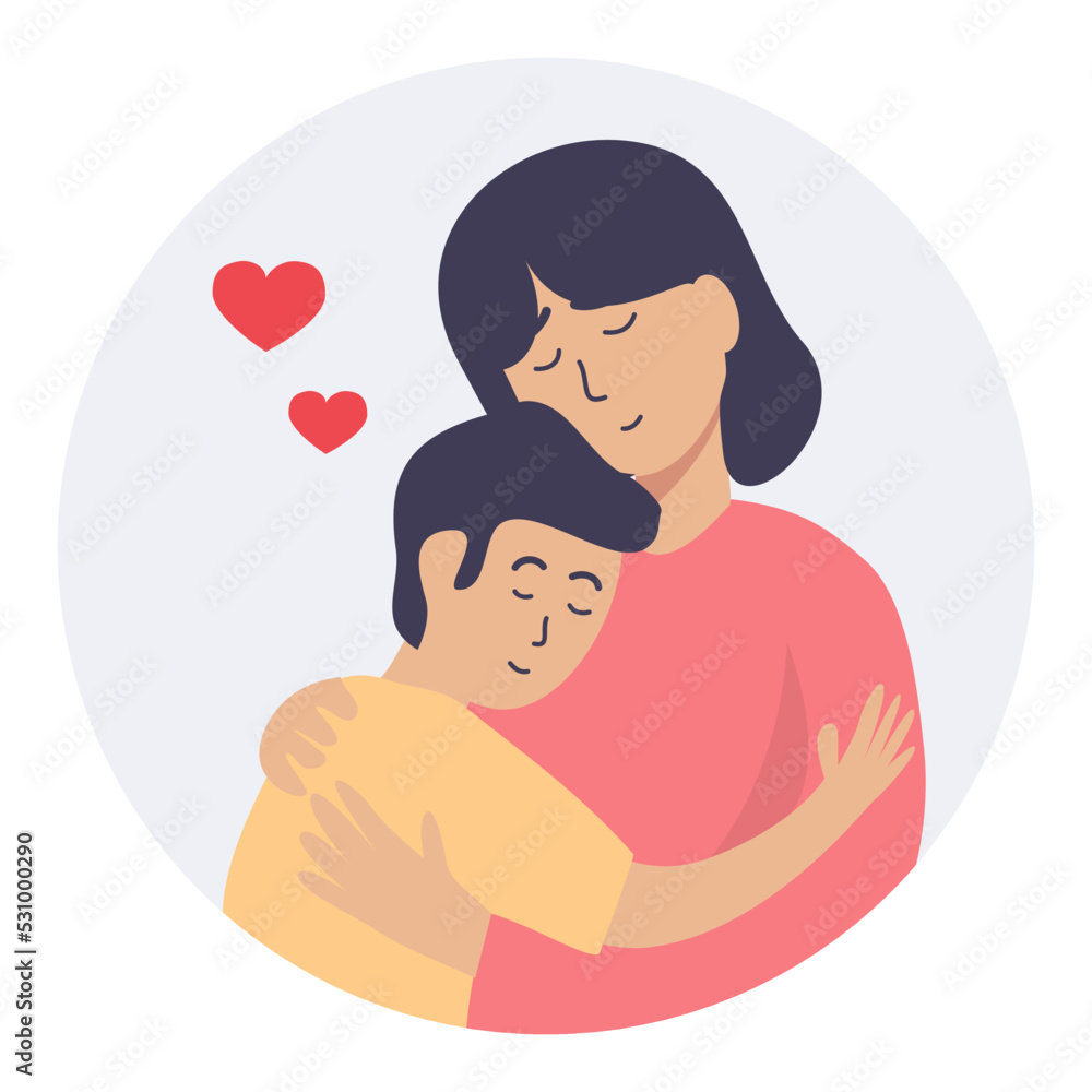 Mother and child. Mother hugs her son with much love and tenderness. Mother's day, holiday concept. Flat cartoon isolated vector design.