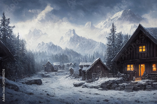 Wunderschöne Winterlandschaft mit Schnee, Bergen und beleuchteten Häusern