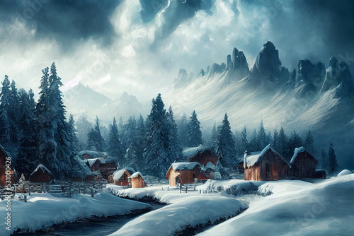 Wunderschöne Winterlandschaft mit Schnee, Bergen und Holzhäusern photo