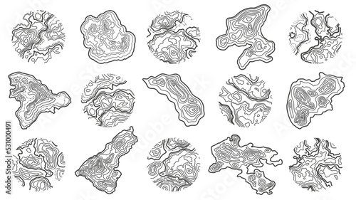 Topographic map texture. Island shape, circle with wood pattern and geographic grid vector set