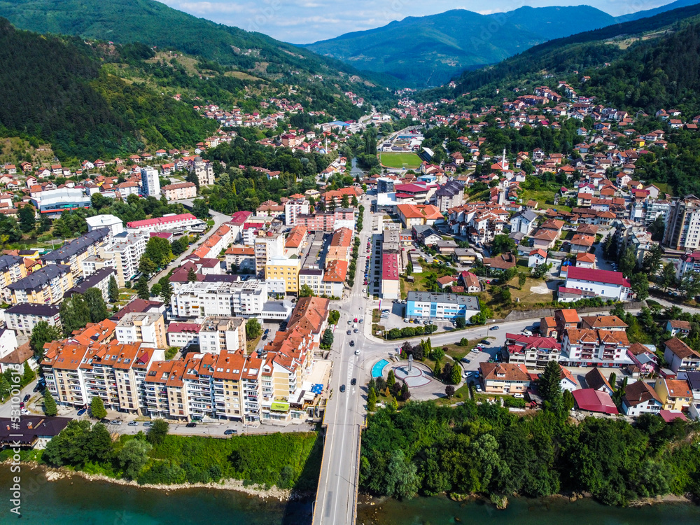 Aerial drone view of Foca, Bosnia and Herzegovina. Drina river and city of Foca in summer, view from above. 