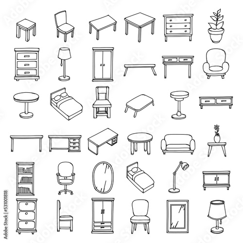Furniture Doodle vector icon set. Drawing sketch illustration hand drawn line eps10