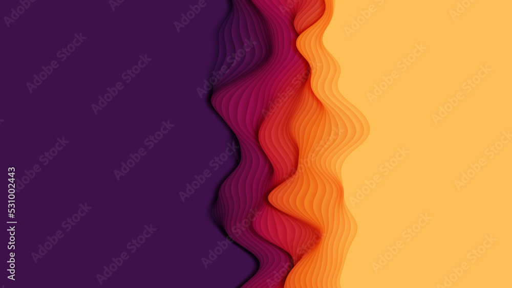 3d render, abstract modern background, folded ribbons macro, fashion wallpaper with wavy layers and ruffles  purple yellow and orange