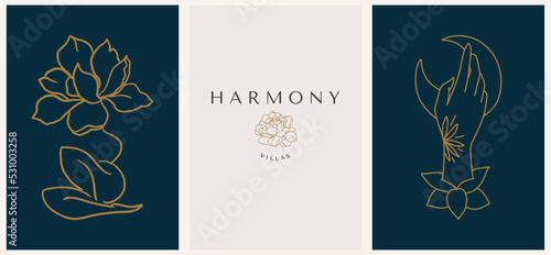 Vector abstract logo with female silhouette and hand. Corporate design templates in trendy linear minimal style, beauty and cosmetics studio emblem - icon for makeup artist, fashion
