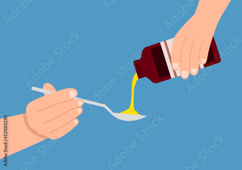 Medical syrup bottle pouring on spoon in flat design. Medicine time.