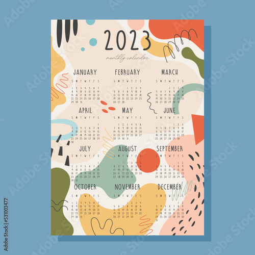 2023 year monthly calendar with abstract background. vector illustration