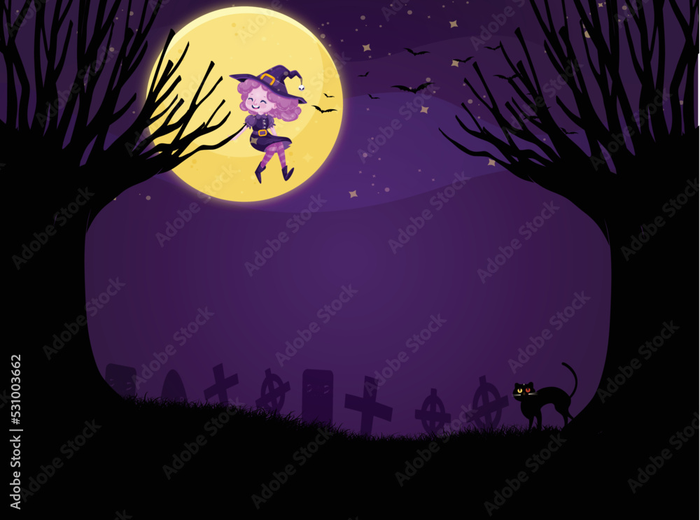 Graveyard with pink-haired-witch-lady-halloween-background In full moon Night.
