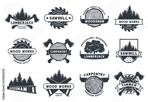 Wood works badge. Lumberjack, sawmill and carpentry emblems. Trees, pine log cut, saw and axe tools vector template set