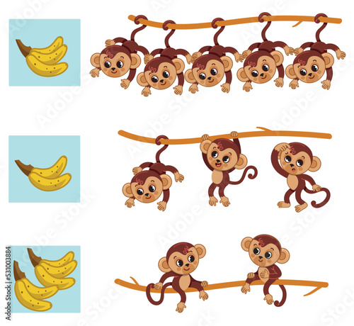 Match the monkeys with the bananas according to their quantity. Connect them with a line. Educational vector illustration for preschool children. © armation74