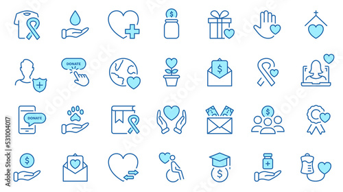Charity and Donation Linear Icons Set. Giving help, Donating Money, Clothing, Food, Medicines and Love for People. Volunteering, Charity and Helping concept. Editable stroke. Vector illustration