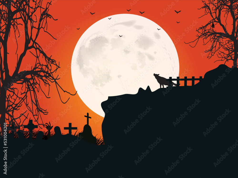 halloween full moon with fox Vector illustration