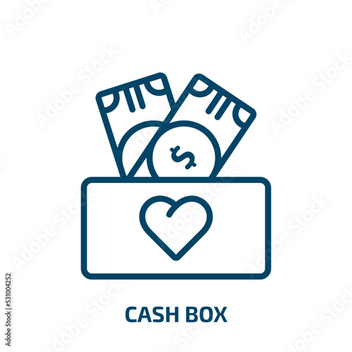 cash box icon from charity collection. Thin linear cash box, basket, buy outline icon isolated on white background. Line vector cash box sign, symbol for web and mobile