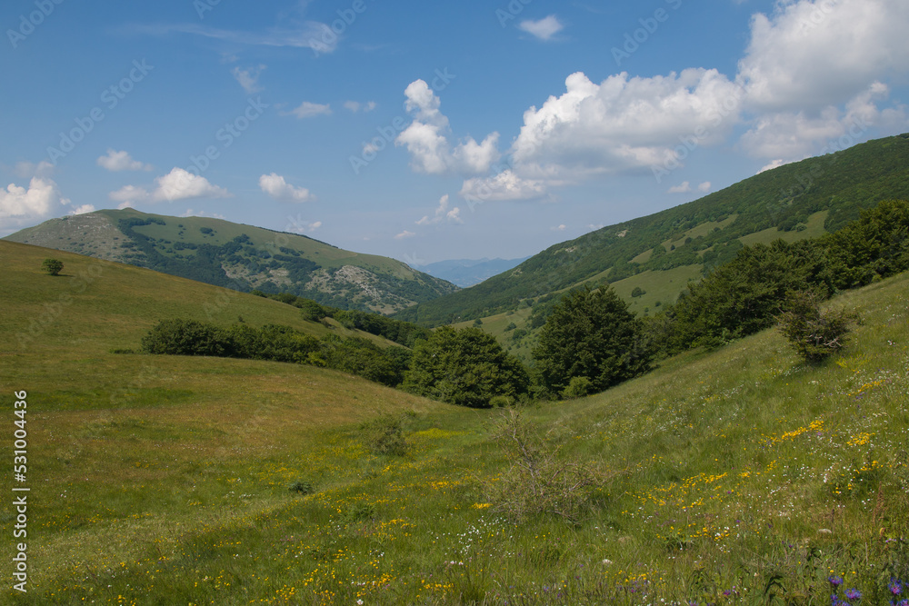 Panoramic view of Valsorda mountain during spring in Umbria Italy