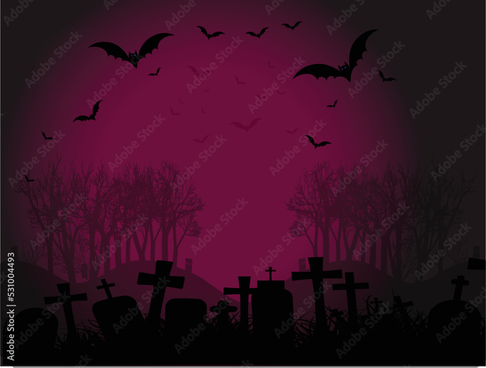 Halloween Graveyard In The Spooky Night.