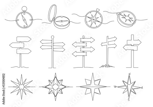 One line way direction. Journey navigation sign, traveller compass and destination signboard vector illustration set