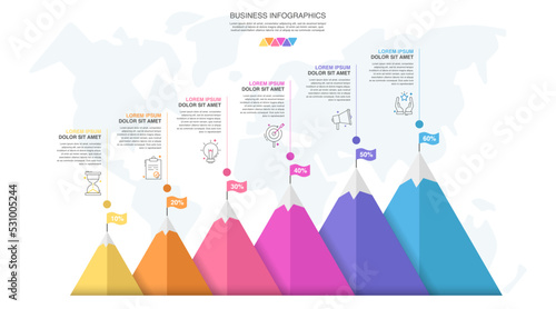 Timeline vector infographic. Modern mountain graph with six steps, achievement, mission business options. Report charts for web, app, project, chart, banner, presentations