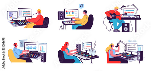 Sound studio workers. Audio engineer, musician record songs and composer write music. Podcast, instruments and vocal recording vector illustration set