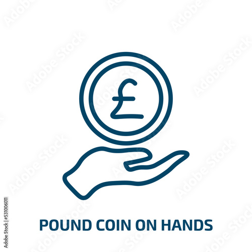 pound coin on hands icon from business collection. Thin linear pound coin on hands, bank, cash outline icon isolated on white background. Line vector pound coin on hands sign, symbol for web and