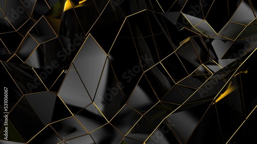 Fotografie Abstract black geometric bumpy surface with kinks from glossy blocks and yellow connections