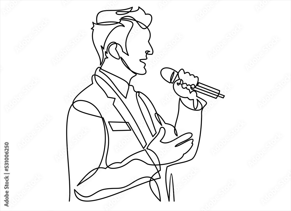 Business conference, business meeting. Man at rostrum in front of audience. Public speaker giving a talk at conference hall- continuous line drawing