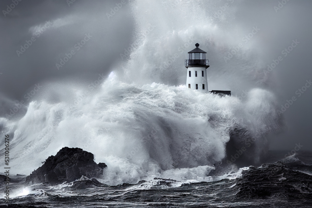 Storm with big waves over the lighthouse at theocean - obrazy, fototapety, plakaty 