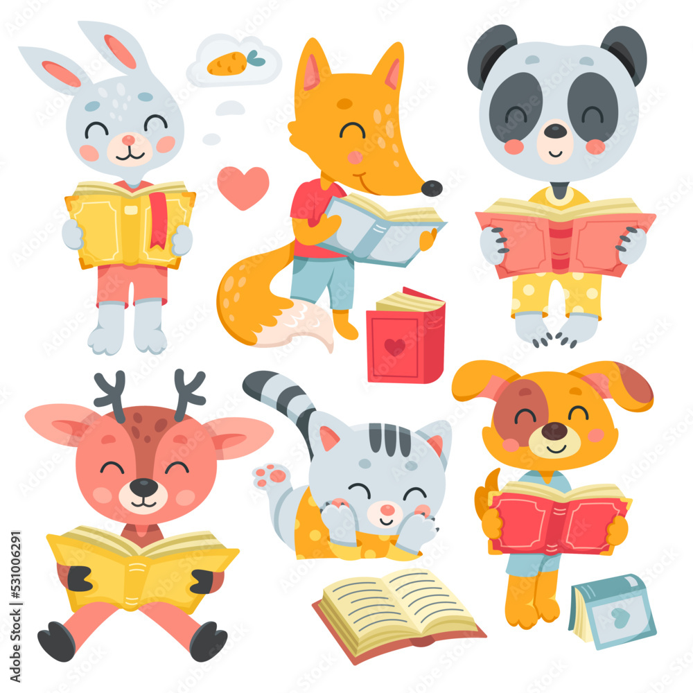 Cute animals read books set vector illustration. Cartoon isolated funny  smart little characters love to study, forest animals reading fantasy and  storybook, fairy tale literature from library Stock Vector | Adobe Stock