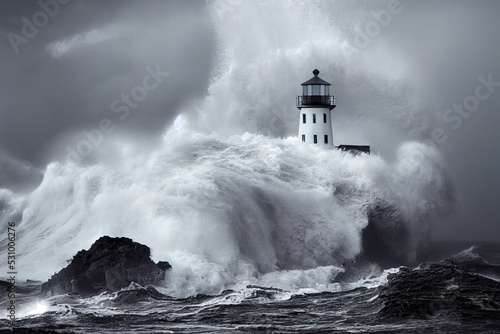 Fototapeta Naklejka Na Ścianę i Meble -  Storm with big waves over the lighthouse at theocean