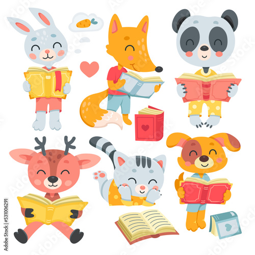 Cute animals read books set vector illustration. Cartoon isolated funny smart little characters love to study, forest animals reading fantasy and storybook, fairy tale literature from library