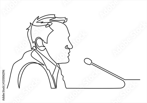 Business conference, business meeting. Man at rostrum in front of audience. Public speaker giving a talk at conference hall- continuous line drawing